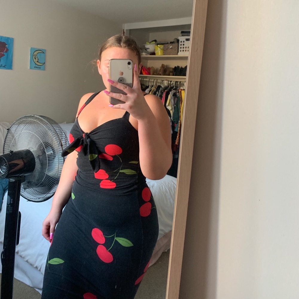 Black midi length dress with cherries